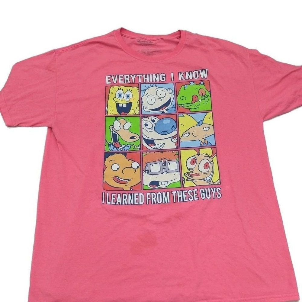 Nickelodeon 90s Cartoons graphic T-shirt men's sz arge pink neon unisex FLAW